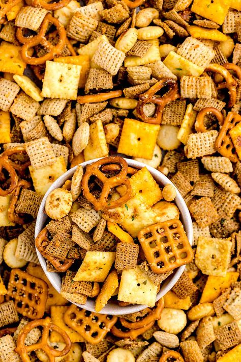 top view ranch chex mix Ranch Chex Mix Recipes, Ranch Chex, Ranch Chex Mix, Popcorn Oil, Chex Cereal, Oyster Crackers, Chex Mix Recipes, Homemade Ranch, Mix Recipes