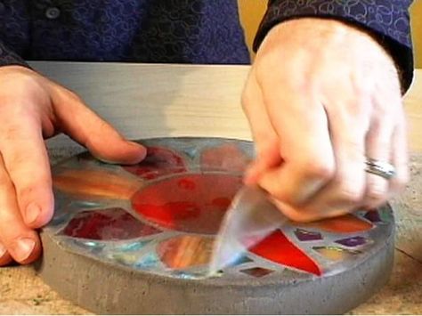 How to Make a Stained Glass Stepping Stone | Easy Crafts and ... Mosaic Stepping Stone, Mosaic Stepping Stones, Painted Glass Art, Mosaic Stained, Glass Garden Art, Stained Glass Lamps, Stained Glass Crafts, Stepping Stone, Stained Glass Projects