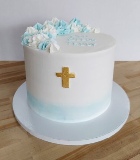 Blue ombre buttercream tall tier with a fondant gold cross. Simple and elegant. #baptismcake #christening #boy #Blue Christening Cake Boy Simple, Christening Cakes For Boys, Baptismal Cake Boy One Layer, Baptism Boy Cake, Conformation Party, Confirmation Cakes For Boys, Baptismal Cake Boy Simple, Simple Baptism Cake, Boy Baptism Cake