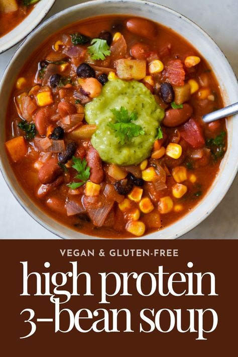 High Protein 3-Bean Soup (Vegan & Gluten-Free) Vegan Protein Soup, High Protein Vegan Soup, Healthy Black Bean Recipes, High Protein Soup, Mexican Bean Soup, Protein Soups, Quick Easy Vegan, Black Bean Recipes, Pork N Beans