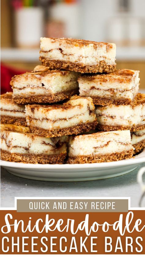 These snickerdoodle cheesecake bars are a match made in heaven! They're rich, creamy, and rippled with delicious cinnamon sugar! Snickerdoodle Bars With Cream Cheese, Snickerdoodle Cheesecake Bars Philadelphia, Snickerdoodle Cream Cheese Bars, Snickerdoodle Cheesecake Bars Easy, Snickerdoodle Apple Cheesecake, Gingersnap Cheesecake Bars, Cinnamon Graham Cracker Dessert, Maple Cheesecake Bars, No Bake Snickerdoodle Cheesecake