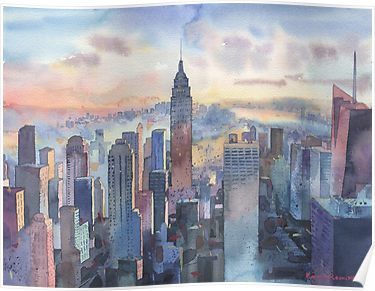 New York Drawing, New York Painting, New York Canvas, Watercolor Architecture, New York Poster, New York Art, Urban Landscape, Yorkie, Watercolor Paper