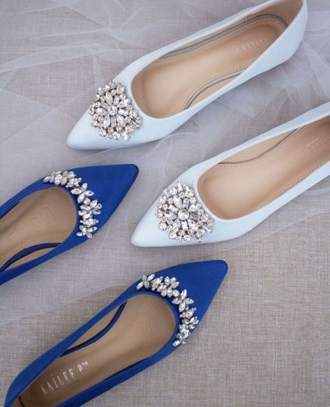 ROYAL BLUE Satin Pointy Toe Flats with FLORAL RHINESTONES Embellishments Brides Maid Shoes, Bride Shoes Flats, Flower Girls Shoes, Church Shoes, Quinceanera Shoes, Shoes For Brides, Lace Bridal Shoes, Galaxy Stuff, Bridesmaids Shoes