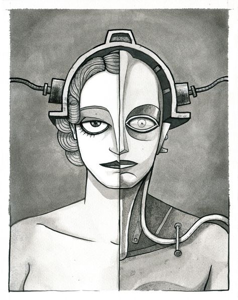 An image of Maria and the robot from Metropolis Metropolis Robot, Metropolis Film, Metropolis Poster, Metropolis 1927, Classic Sci Fi Books, Science Communication, Dystopian Art, Illustration Science, Little White Lies