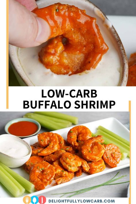 Low-Carb Buffalo Shrimp is plump, succulent, and coated in a spicy and tangy Buffalo sauce that makes for a delightful appetizer or main course. It's great for a low-carb diet. Buffalo Shrimp Recipes, Keto Mashed Cauliflower, Buffalo Shrimp, Keto Shrimp, Keto Tortillas, Buffalo Cauliflower, Seafood Appetizers, Quick Appetizers, Buffalo Sauce