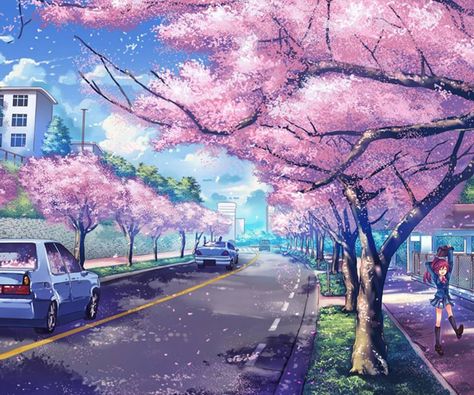 Anime Places, Anime City, Cute Laptop Wallpaper, Desktop Wallpaper Art, Scenery Background, Wallpaper Laptop, Japan Aesthetic, Anime Backgrounds Wallpapers, Blossom Trees