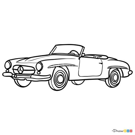 How to Draw Mercedes-Benz 190SL 1961, Retro Cars Vintage Car Drawing Easy, Car Drawing Mercedes, Convertible Car Drawing, Mercedes Benz Tattoo, Old Car Sketch, Old Cars Drawing, Mercedes Benz Drawing, Mercedes Tattoo, Vintage Car Sketch