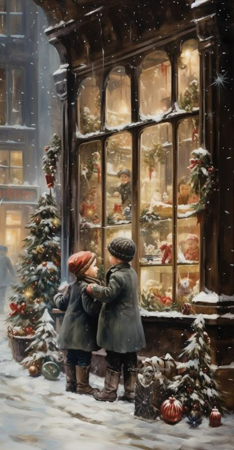 Beautiful Christmas Scenes, Winter Christmas Scenes, Merry Christmas Pictures, Christmas Scenery, Christmas Artwork, Vintage Christmas Images, Store Window, Animated Christmas, Christmas Scenes