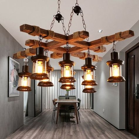 8-Light Farmhouse Wood Pendant Lighting Fixture - L39.4xH11.82 inches - Bed Bath & Beyond - 36040988 Wood Chandelier Rustic, Chandelier Wood, Wood Cafe, Country Chandelier, Wood Pendant Lamps, Chandelier Farmhouse, Island Light Fixtures, Coffee Room, Rustic Pendant Lighting