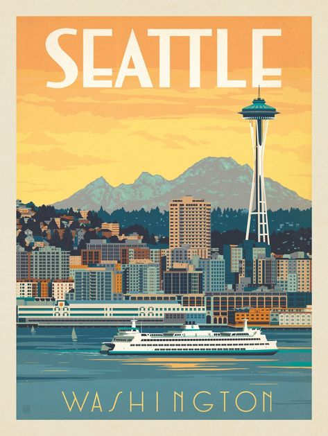 Seattle, WA: Ferry Anderson Design Group, Modern Postcard, Retro Artwork, Nostalgic Art, Vintage Poster Design, Retro Travel Poster, American Travel, New Energy, Poster Vintage