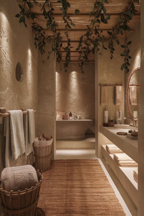 Elevate your bathroom design with textured stone walls, warm lighting, and rattan accents. Create a natural, relaxing space with greenery and soft woven rugs. #NaturalBathroom #EarthyBathroomDesign #BathroomInspiration #CozyBathroomDecor #WovenAccents #GreenBathroomIdeas #RusticStyle #WarmBathroomDesign #StoneWalls #BathroomRetreat Stone Inspired Bathroom, Spa House Decor, Forest Theme Bathroom Ideas, Terracotta Bathroom Decor, Apartment Aesthetic Cozy Bathroom, Bathroom Ideas Stone, Decor For Small Bathroom, Warm Bathroom Colors Earth Tones, Restroom Aesthetic