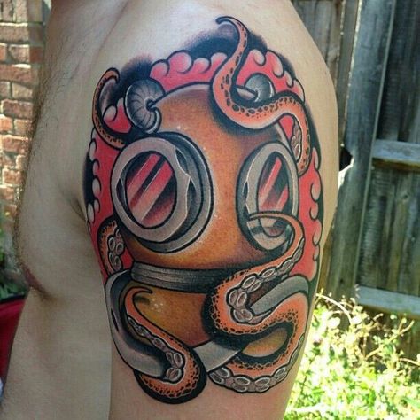 Diver Diving Helmet Tattoo, Traditional Nautical Tattoo, Nautical Tattoo Sleeve, Old School Traditional, Helmet Tattoo, Octopus Tattoo Design, Pirate Tattoo, Tattoo Old School, Diving Helmet