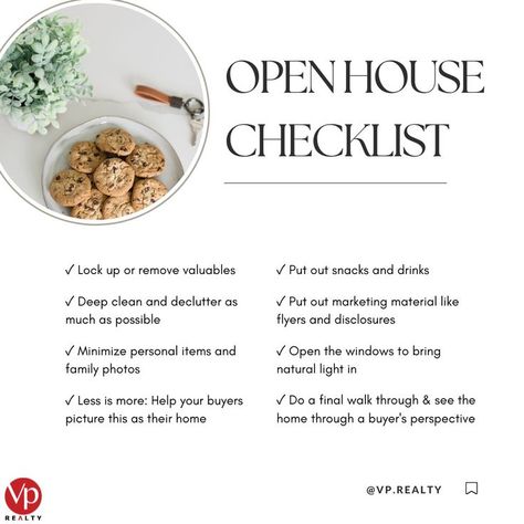 Open House Checklist Real Estate Agent Open House Ideas, Themed Open House Real Estate, Open House Realtor Outfit Ideas, Open House Checklist For Realtors, Open House Social Media Post, Open House Tips For Sellers, Open House Refreshments Ideas, Realtor Open House Food Ideas, Open House Snack Ideas