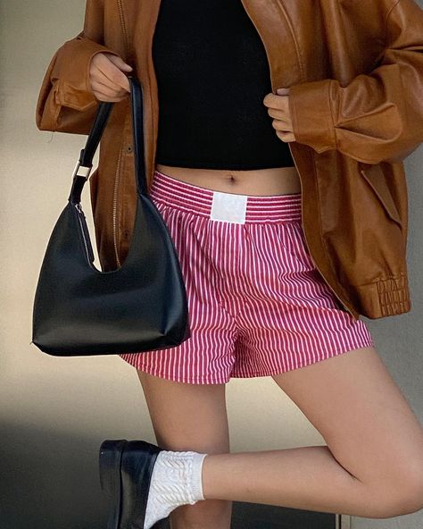 🍒❤️‍🔥💋♥️ outfit of the day, red boxer shorts, black loafers, style inspo, Pinterest style, Pinterest fashion Outfit Female Aesthetic, Mens Boxers Outfit Female, Women In Boxers, Boxers Outfit Female, Boxers Outfit, Female Aesthetic, 2025 Trends, Style Pinterest, Pinterest Style