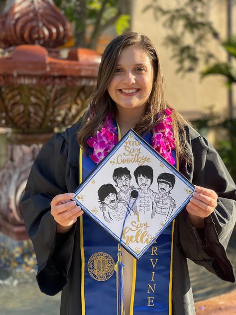 One of a kind Beatles art decorated graduation cap, you say goodbye I say hello. Pink Floyd Graduation Cap, In Omnia Paratus Graduation Cap, The Beatles Graduation Cap, Beatles Graduation Cap, Art Graduation Cap, Senior Year Fun, In Omnia Paratus, Space Girls, Beatles Art