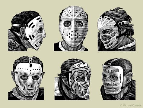 Goalie masks Nhl Goalie, Saving Face, Masked Men, Mask Drawing, Hockey Stuff, Hockey Mask, Goalie Mask, Face Illustration, Hockey Goalie