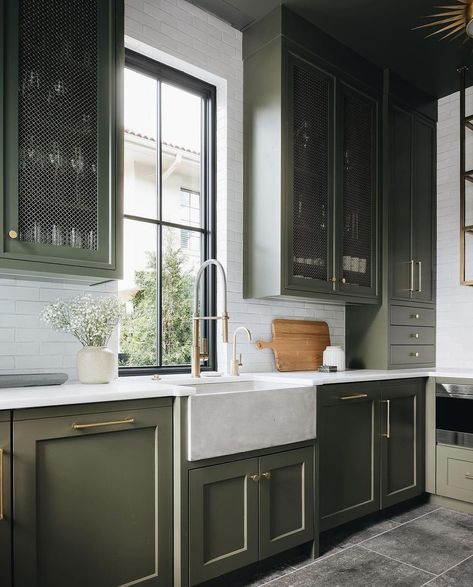 Kitchen Storage Wall, Green Kitchen Cabinet, Laundry Kitchen Combo, Vintage Farmhouse Sink, Olive Green Kitchen, California Kitchen, Kate Marker Interiors, Property Renovation, Laundry Kitchen