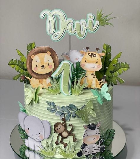 Jungle Safari Cake, Jungle Theme Cakes, Jungle Thema, Safari Animals Birthday, Jungle Safari Birthday, Animal Birthday Cakes, Pastel Baby Shower, Baby First Birthday Cake, Idee Babyshower