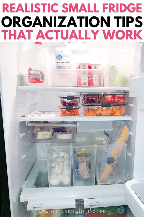 small fridge organization Small Fridge Organization Ideas, Small Fridge Storage, Side By Side Fridge Organization, Small Refrigerator Organization, Fridge Organization Dollar Store, Fridge Organization Containers, Organized Refrigerator, Small Fridge Organization, Fridge Organization Hacks