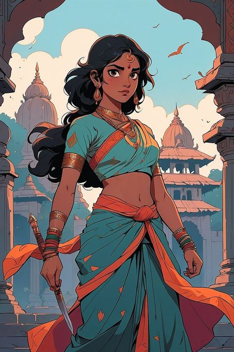 Indian Concept Art, Indian Female Character Art, Indian Queen Art, South Indian Character Design, Warrior Goddess Art, Indian Woman Art, Indian Illustration Character, Character Design Art, Indian Drawing