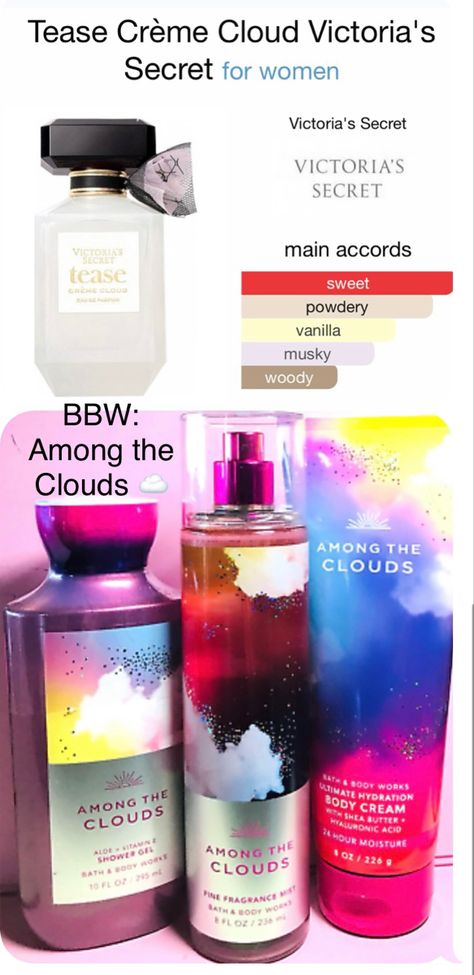 Spring💐/Summer☀️ Fragrances: Victoria’s Secret Tease Crème Cloud and Bath & Body Works Among The Clouds ☁️ Victoria Secret Tease Creme Cloud Perfume, Among The Clouds Bath And Body Works, Among The Clouds, Perfume Mist, Fragrances Perfume Woman, Summer Fragrance, Body Smells, Smell Goods, Perfume Scents