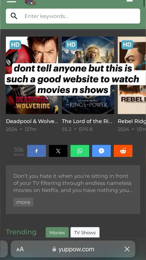 yuPPow.com has like almost every show or movie and it only has a few ads but theyre automatically skippable i watched smiling friends and deadpool on there #movies #website #helpful #websitetowatchmovies ? help i do not know how to tag Best Free Movie Websites, Links To Watch Movies, Websites To Watch Shows For Free, Websites To Watch Free Movies, Sites To Watch Movies For Free, Free Show Websites, Movie Websites, Where To Watch Tv Shows For Free, Movie Websites Free