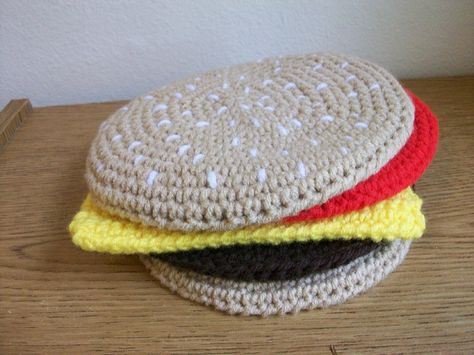 Post: Kicking Off the Cheeseburger Challenge   http://www.tragicsandwich.com/kicking-off-the-cheeseburger-challenge/ Crochet Cheeseburger, Tomato Slice, National Cheeseburger Day, Slice Of Cheese, Hamburger Patty, Handmade Pot Holders, Cheese Slice, Coasters Crochet, Two Buns