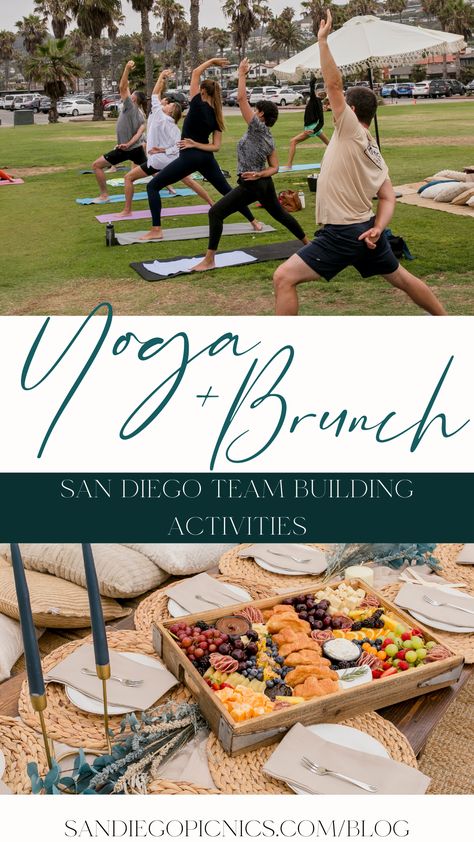 With the help of talented San Diego yoga instructor, Charie Juaneza, we put together a beachside brunch & yoga picnic for the COOLA team 💙🍴 It was the perfect morning to take a break from their work from home routines and bond together! Yoga Brunch Party, Yoga Brunch Ideas, Yoga Party Ideas, Yoga Breakfast Event, Yoga Retreat Food, Yoga Bachelorette, Yoga Formation Group, Picnic Brunch, Group Yoga Outdoor