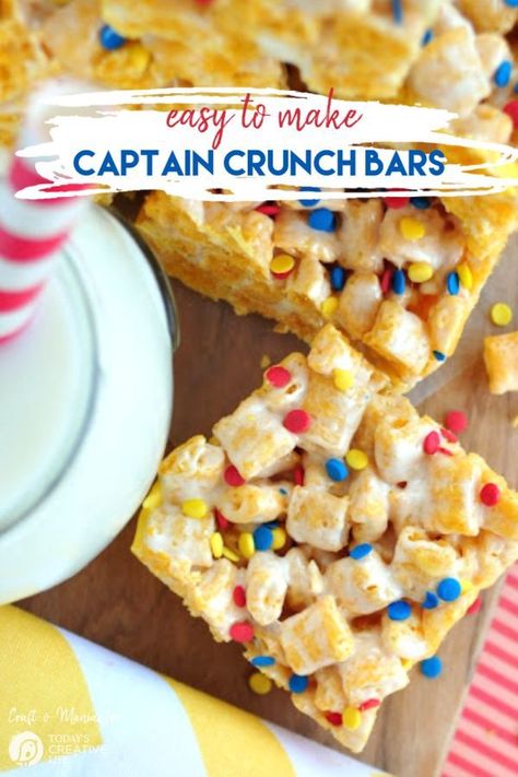 Captain Crunch Bars Recipe made like Rice Krispie Treats but with Captain Crunch Cereal. Homemade Cereal Bars by Craft-o-Maniac for TodaysCreativeLife.com Captain Crunch Bars, Cereal Homemade, Homemade Cereal Bars, Cereal Bars Homemade, Captain Crunch Cereal, Crunch Bars Recipe, Captain Crunch, Homemade Cereal, Like Rice