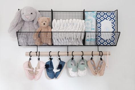 Baby Shoe Storage, Gorgeous Nursery, Feminine Nursery, Trendy Baby Shoes, Baby Nursery Storage, Woodland Nursery Girl, Diaper Storage, Baby Room Organization, Baby Storage