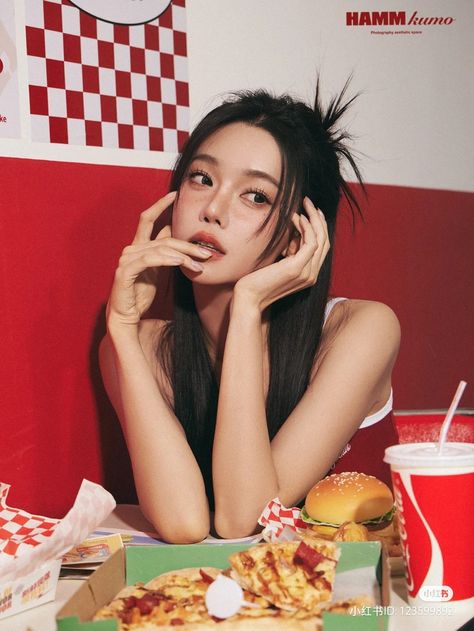 Pretty asian korean girl red aesthetic fast food eating burger fries licking fingers cutely pise reference art drawing reference photography portrait cute girl outfit inspiration Korean Magazine Photoshoot, Model Concepts Photography, Korean Photoshoot Concept, Korean Photoshoot Ideas, Kpop Photoshoot Concept, Portrait Korean, Korean Photoshoot, Human Reference, Stylish Photo Pose