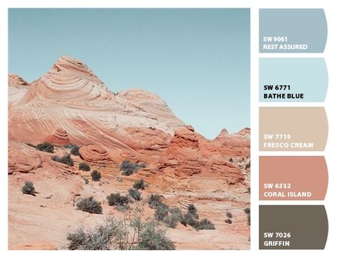 Paint colors from ColorSnap by Sherwin-Williams Desert Tone Bathroom, Desert Sunset Aesthetic Bedroom, Coral Brown Color Palette, Coral Island Sherwin Williams, Desert Paint Palette, Modern Southwest Color Palette, Sherwin Williams Desert Colors, Desert Bathroom Ideas, Desert Pink Paint