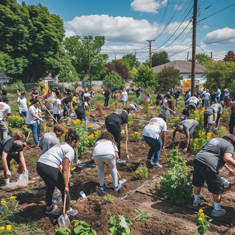 Community Gardening Effort: A group of volunteers engage in a community gardening project on a sunny day, nurturing nature. #community #gardening #volunteers #plants #teamwork #aiart #aiphoto #stockcake ⬇️ Download and 📝 Prompt 👉 https://ayr.app/l/Fdis Community Aesthetic, Period Poverty, Garden Community, Community Picture, Farming Community, Action Board, Community Gardens, Values Education, Engineering Tools