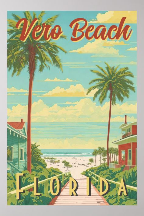 The poster features a stunning palm tree-lined beach with crystal clear blue waters and a clear blue sky in the background. The colors of the poster are muted and warm, giving it a rustic and nostalgic feel. Beach Vintage, Retro Beach, Retro Beach Poster, Florida Vintage, 50s Beach, Vintage Beach Posters, Vintage Travel Posters Florida, Florida Travel Poster, Miami Postcard Vintage