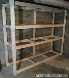 Cheap Garage Shelves Ideas | How to Make a Basement Storage Shelf - white house black shutters Garage Kasten, Basement Storage Shelves, White House Black Shutters, Basement Shelving, Diy Storage Shelves, Black Shutters, Garage Storage Shelves, Diy Basement, Basement Storage