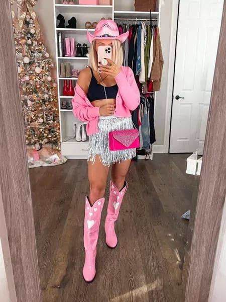 Neon Cowgirl Party Outfit, Nashville Outfits Pink Boots, Pink Stagecoach Outfit, Glam Cowgirl Outfit Pink, Pink Cowgirl Concert Outfit, Disco Cowgirl Bachelorette Outfit Pink, Dolly Parton Outfit Inspiration, Disco Cowgirl Outfit Pink, Neon Western Outfit