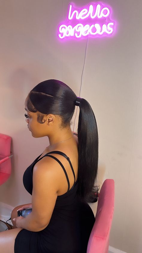 #ponytail #vpart #hairstyles #blackgirlshairstyles #inspo #pinterestinspired #supportsmallbiz #explore #trending #edges #quickweaves #barbieponytail #bookalook Center Part Ponytail, V Part Slick Back, V Part Slick Back Ponytail, Barbie Pony, Slick Back Ponytail, Black Girls Hairstyles Weave, Curl Hairstyles, Grad Hair, Hairstyles Weave