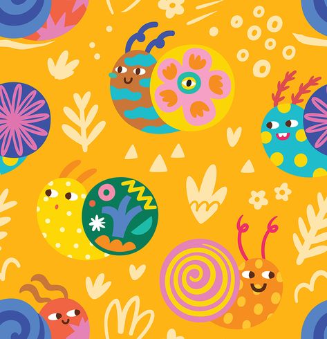 Cute snails with colourful ornamental houses on their backs. Simple contemporary style. Vector illustration. #pattern #surfacedesign #patternbank #patterndesign #vector #illustration #snail #snails #kids #fun Classroom Screen, Cherries Wallpaper, Snail Illustration, Snails Kids, Infant Lounger, Snail Pattern, Pattern Bank, Snail Art, Gold Digital Paper