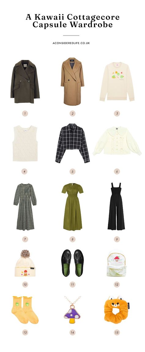 A Kawaii Cottagecore Capsule Wardrobe Cottagecore Capsule Wardrobe, Olive Maxi Dress, Kawaii Cottagecore, Jean Midi Skirt, Create A Capsule Wardrobe, Cute Jumpers, Embroidered Socks, Ruffled Socks, Outfits Simple