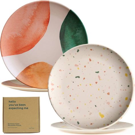 4-Pack Bamboo Fiber Dinner Plates - Bamboo Plates Reusable, Unbreakable Plates, Food-Grade - Dishwasher Safe Plates– Kids Plates, Toddler Plates for Home, Outdoor - Plastic Plates Reusable Colorful Terrazzo, Picnic Plates, Toddler Plates, Dinner Party Summer, Plastic Dinnerware, Bamboo Plates, Kids Plates, Bamboo Fiber, Summer Dinner