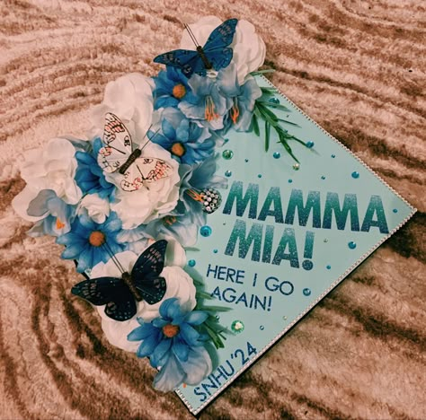 Grad Cap Mamma Mia, Ariel Graduation Cap, Grad Cap Ideas Mamma Mia, Abba Graduation Cap, Mama Mia Graduation Cap, Mamma Mia Graduation Cap, Aesthetic Grad Cap, High School Grad Cap Ideas, Graduation Cap Designs Aesthetic