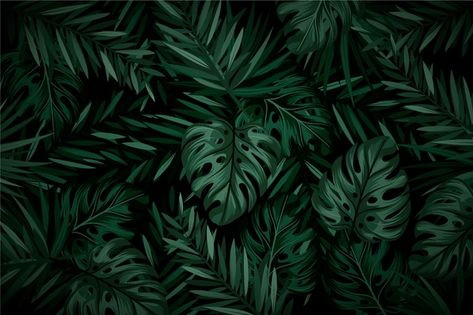 Realistic dark tropical leaves backgroun... | Free Vector #Freepik #freevector #background #nature #wallpaper #art Dark Leaves Wallpaper Desktop, Dark Nature Wallpaper Laptop, Dark Green Leaf Background, Tropical Green Wallpaper, Computer Wallpaper Desktop Wallpapers Aesthetic Dark, Plants Wallpaper Laptop, Leaves Wallpaper Desktop, Laptop Background Dark Aesthetic, Plants Wallpaper Desktop