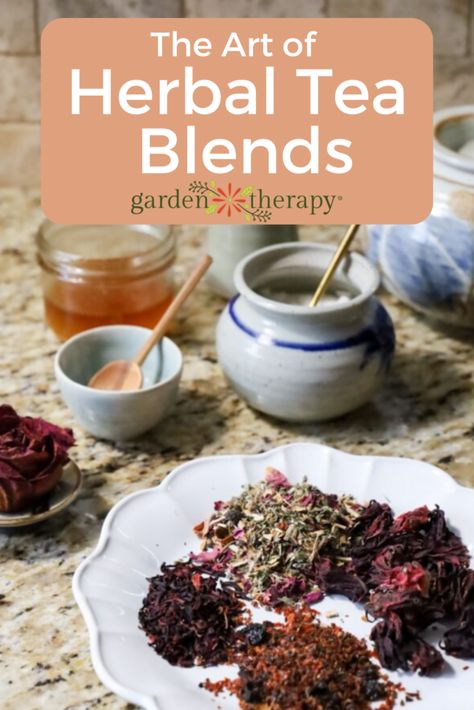 The Art of Tea Blending: Herbal Tea Blends Tips and Recipes - Garden Therapy Herbal Tea Recipes For Energy, Homemade Teas Herbal, Diy Tea Blends Recipes, Homemade Tea Blends Recipes, Homemade Herbal Tea Recipes, Herbal Tea Blends Recipes, Diy Tea Blends, Herbal Tea Aesthetic, Hibiscus Tea Blend