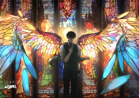 Oc Traits, Gabriel Gomez, Glass Wings, Winged People, Stained Glass Angel, Art Characters, Oblivion, Fantasy Artwork, Creature Art