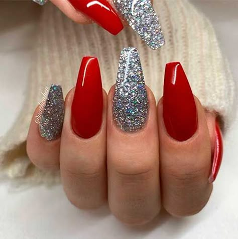 Red With Accent Nail, Red Nails With Silver Glitter, Red And Silver Christmas Nails, Silver And Red Nails, Red Nails With Silver, Red And Silver Nail Designs, V French Tip Nails, Tip Nails Designs, V French Tip