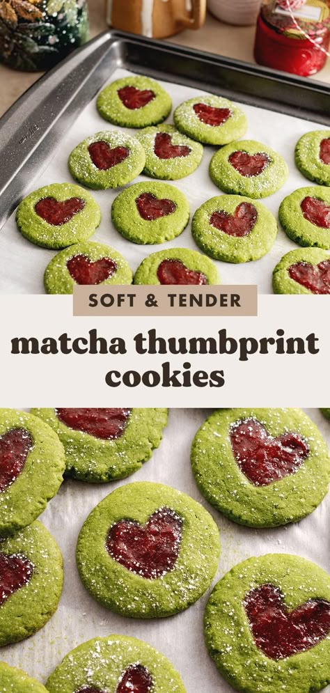 Soft and tender matcha thumbprint cookies filled with strawberry jam. They're one of the easiest holiday cookies you can make for a matcha lover! #matcha #holidaycookies #thumbprintcookies #cookies | teakandthyme.com Blackberry Sage Thumbprint Cookies, Matcha Thumbprint Cookies, Strawberry Jam Thumbprint Cookies, Best Matcha Cookies Recipe, Rasberry Cookies Thumbprint Easy, Easy Holiday Cookies, Jam Thumbprint Cookies, How To Make Matcha, Matcha Cookies