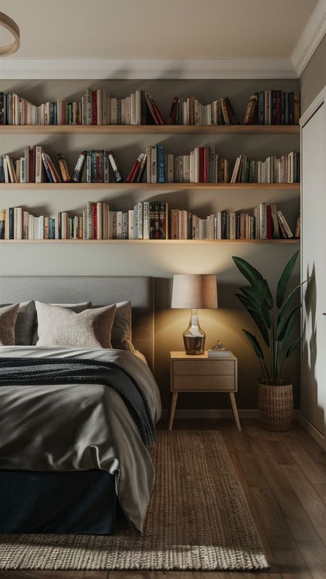 Bookcase Wall Around Bed, Overhead Bookshelf Bedroom, Book Shelf Around Top Of Room, Primary Bedroom Bookshelves, Cozy Bedroom Bookshelf, Book Shelf Ideas Above Bed, Bookshelves By Bed, Bedroom Inspirations With Bookshelves, Bookshelf Wall In Bedroom