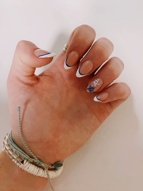 Simple Starfish Nails, Blue Starfish Nails, Star Fish Nail Design, Nails Starfish Design, Cruise Nail Ideas, Starfish Nails, Birthday Plan Ideas, Sailor Nails, Blue Anchor Nails