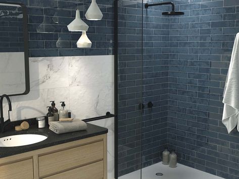 Navy Blue Tile, Styl Grunge, Natural Stone Tile Floor, Natural Stone Flooring, Bathroom Backsplash, Blue Bathroom, Blue Tiles, Natural Stone Tile, Style Tile