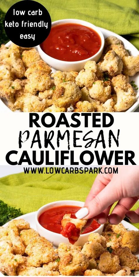 Parmesan Roasted Cauliflower Recipe No Carb Side Dishes, Baked Cauliflower Bites, Roasted Cauliflower Recipe, Parmesan Roasted Cauliflower, Carb Sides, Parmesan Cauliflower, Keto Sides, Roasted Cauliflower Recipes, Keto Side